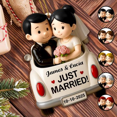 Just Married, Bride And Groom In Wedding Car, Custom Wood Ornament, Gift For Couples and Newlyweds